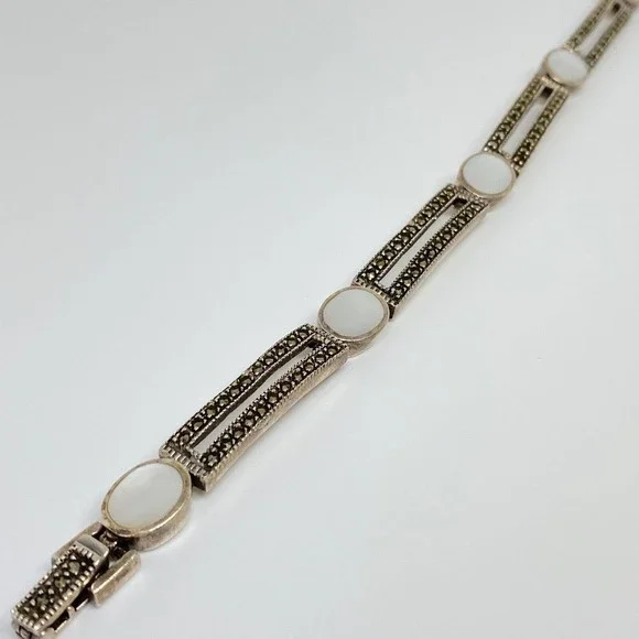 Vintage 925 Sterling Silver Marcasite Mother Of Pearl Chain Link Bracelet 7.5" - Picture 3 of 6
